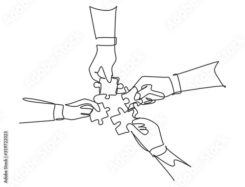 Single continuous line drawing of business team members unite puzzle pieces together to one as team building symbol. Employee teamwork concept. Trendy one line draw design vector graphic illustration