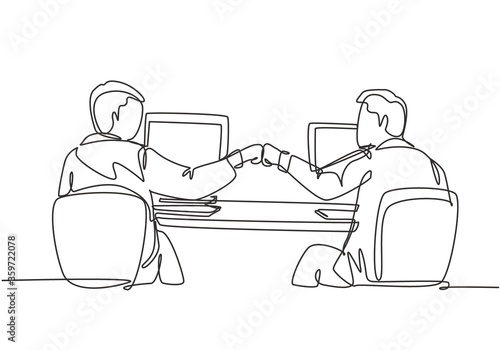 One continuous line drawing of two young happy male worker bump their fist to celebrate their success at the office. Business teamwork concept single line graphic draw design vector illustration