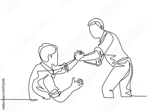 Single continuous line drawing of young happy businessman help to pull out his colleague from failure and rising again. Trendy teamwork support concept one line draw design vector graphic illustration