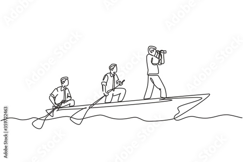 One single line drawing of young male team member take a boat heading to an island while the leader navigate them using binocular. Teamwork concept continuous line draw design vector illustration