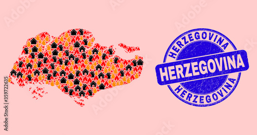 Fire hazard and houses mosaic Singapore map and Herzegovina corroded stamp seal. Vector mosaic Singapore map is formed with randomized burning houses.