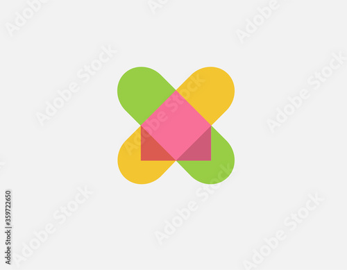 Abstract multicolored logo icon cross and house made of geometric elements.