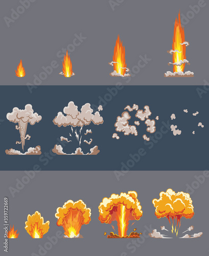 Cartoon explosion effect with smoke. Comic boom effect, explode flash, bomb comic, vector illustration. Explode effect animation. Cartoon bang explosion frames. Animation frames for game