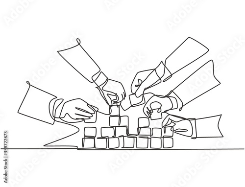 Tela Single continuous line drawing of business team member arrange wooden cube block become sturdy tower together to improve team building