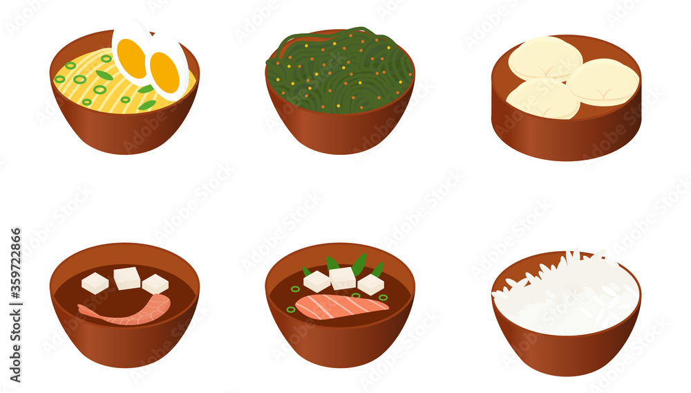 Japanese food set isolated on white background. icons of asian soups in brown plates vector illustration. ramen, miso soup