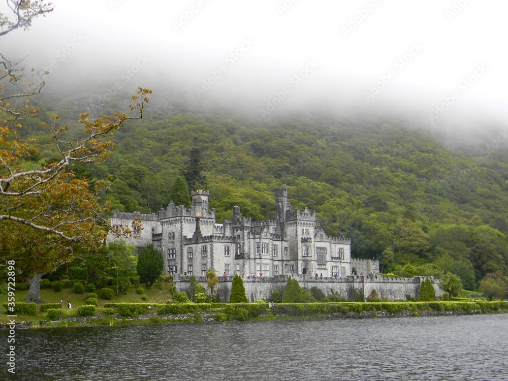 The Misty Connemara Mountains and Kylemore Abbey near Galway Ireland