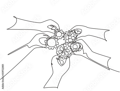 Single continuous line drawing of hand gesture male and female business team members unite piece of gears to one as team building symbol. Teamwork concept one line draw design vector illustration