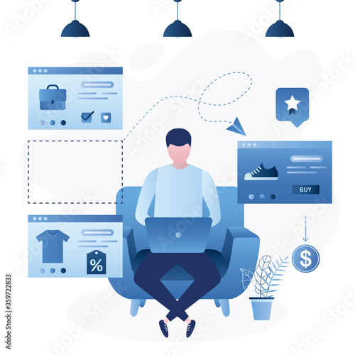 Online shopping concept. Handsome man looks at fashion goods and buys on laptop. Male character sits in chair
