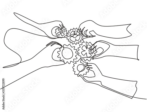 Single continuous line drawing of hand gesture business team members unite piece of gears to one as teamwork symbol. Unity working together concept one line graphic draw design vector illustration