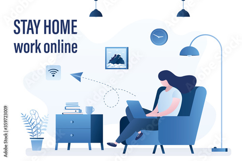 Stay home, work online. Employee at home, freelance, internet working. Self-isolation, suspected viral infection.