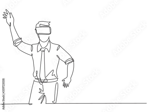 Single continuous line drawing of young shock businessman tries to avoid obstacles while playing game simulation. Virtual reality game player concept one line draw design graphic vector illustration