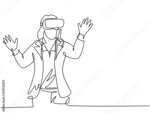 One single line drawing of young happy gamer business woman wearing virtual reality helmet and try to touch. Smart technology futuristic game concept continuous line draw design vector illustration