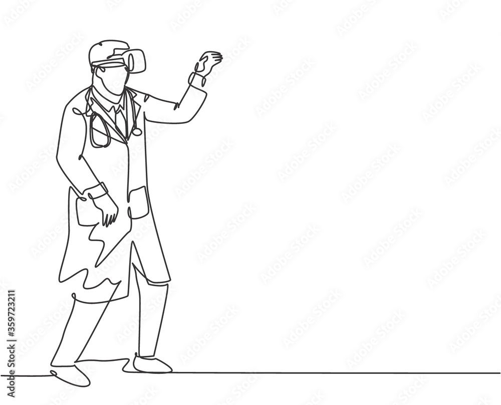 Single continuous line drawing of young happy male doctor ready to catch something while playing business simulation game. Virtual reality game player concept one line draw design vector illustration Single continuous line drawing of young happy male doctor ready to catch something while playing business simulation game. Virtual reality game player concept one line draw design vector illustration