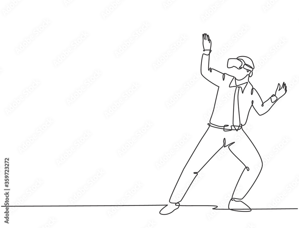 Single continuous line drawing of young happy male manager avoids trap while playing simulation game and wearing goggles. Virtual reality game player concept one line draw design vector illustration
