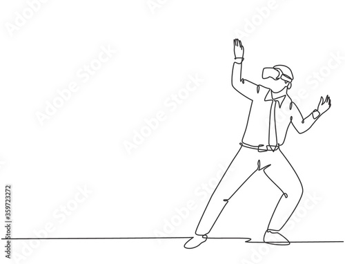 Single continuous line drawing of young happy male manager avoids trap while playing simulation game and wearing goggles. Virtual reality game player concept one line draw design vector illustration