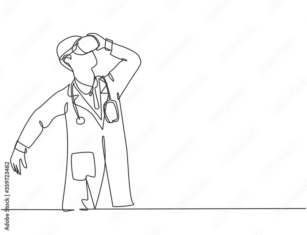 One single line drawing of young happy gamer male doctor playing virtual reality at the office. Smart technology futuristic game player concept. Trendy continuous line drawing graphic vector design One single line drawing of young happy gamer male doctor playing virtual reality at the office. Smart technology futuristic game player concept. Trendy continuous line drawing graphic vector design