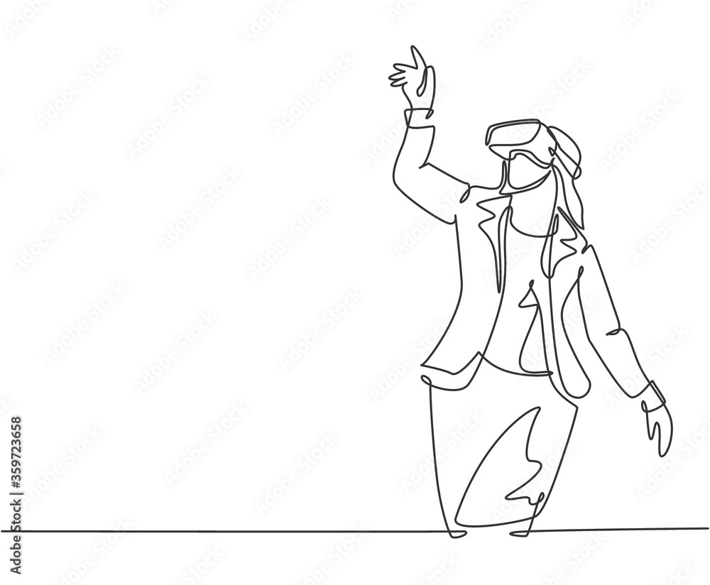 One single line drawing of young happy gamer business woman wearing virtual reality glasses and pointing finger. Smart technology futuristic game player concept continuous line draw vector design