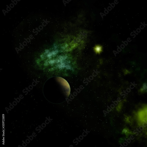 Planets in a space against stars. 3D rendering.