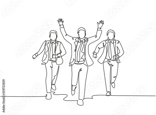 One single line drawing of young male worker rise fist to the air after winning cross the finish line beating his partners. Running competition concept continuous line draw design vector illustration