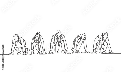 One single line drawing group of businessmen and businesswomen get ready on start line to do sprint race. Business running competition concept continuous line draw design vector graphic illustration