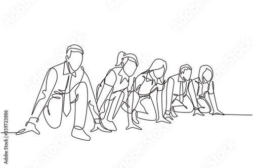 One single line drawing group of businessman and businesswoman get ready on start line to do sprint race. Business running competition concept continuous line draw design vector illustration