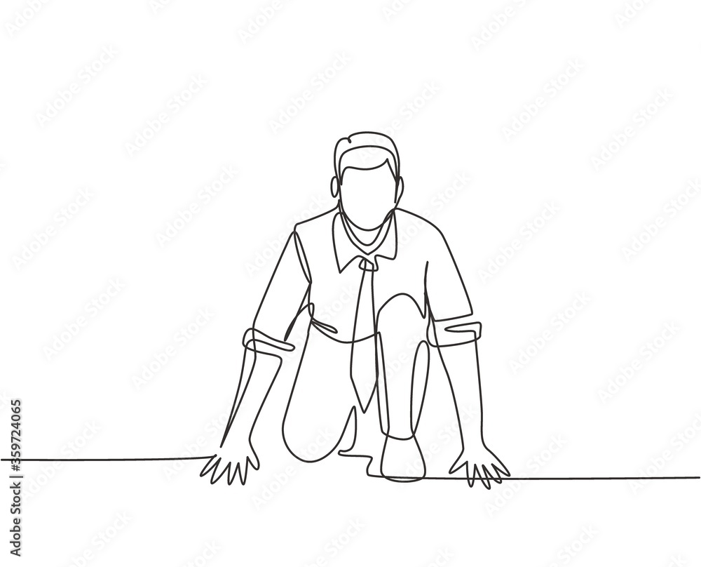 One continuous single line drawing of young happy businessman gets ready to doing sprint run on running track, from front view. Business race concept trendy single line draw design vector illustration One continuous single line drawing of young happy businessman gets ready to doing sprint run on running track, from front view. Business race concept trendy single line draw design vector illustration