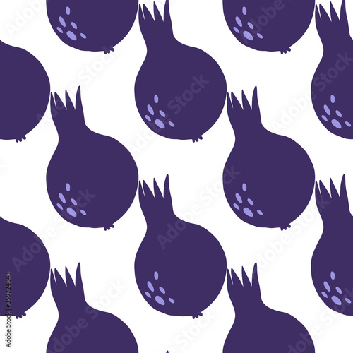 Decorative blue pomegranate fruit seamless pattern on white background. Garnet fruit endless wallpaper.