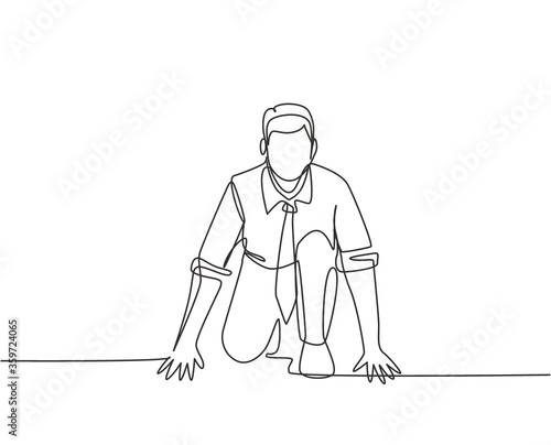 One continuous single line drawing of young happy businessman gets ready to doing sprint run on running track  from front view. Business race concept trendy single line draw design vector illustration