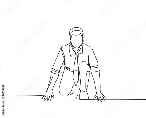 One continuous single line drawing of young happy businessman gets ready to doing sprint run on running track, from front view. Business race concept trendy single line draw design vector illustration