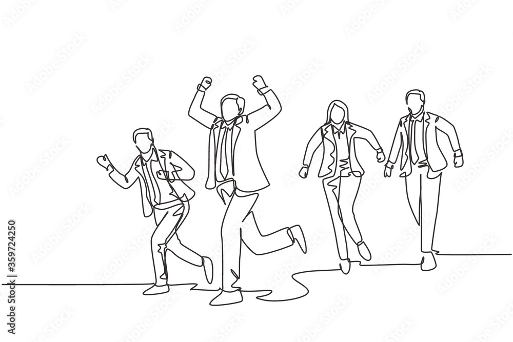 One single line drawing of group of male and female workers doing sprint race on the road track cross finish line. Business running competition concept continuous line draw design vector illustration One single line drawing of group of male and female workers doing sprint race on the road track cross finish line. Business running competition concept continuous line draw design vector illustration
