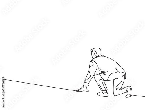 Single continuous single line drawing of young happy businessman get ready to sprint run on running track, from rear view. Business race competition concept one line draw design vector illustration