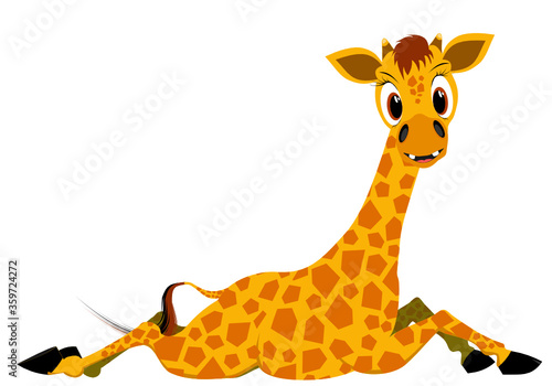 cheerful young giraffe, giraffe lying on the ground on a white background, vector illustration of the animal world