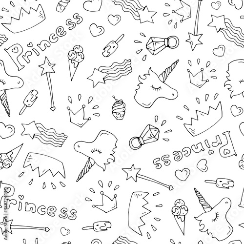 Vector cute seamless pattern Princes magic accessories: Crown, unicorn, magic wand, ice cream,
diamond ring, star. The fantasy world of girls  dreams. Isolated on wite background
