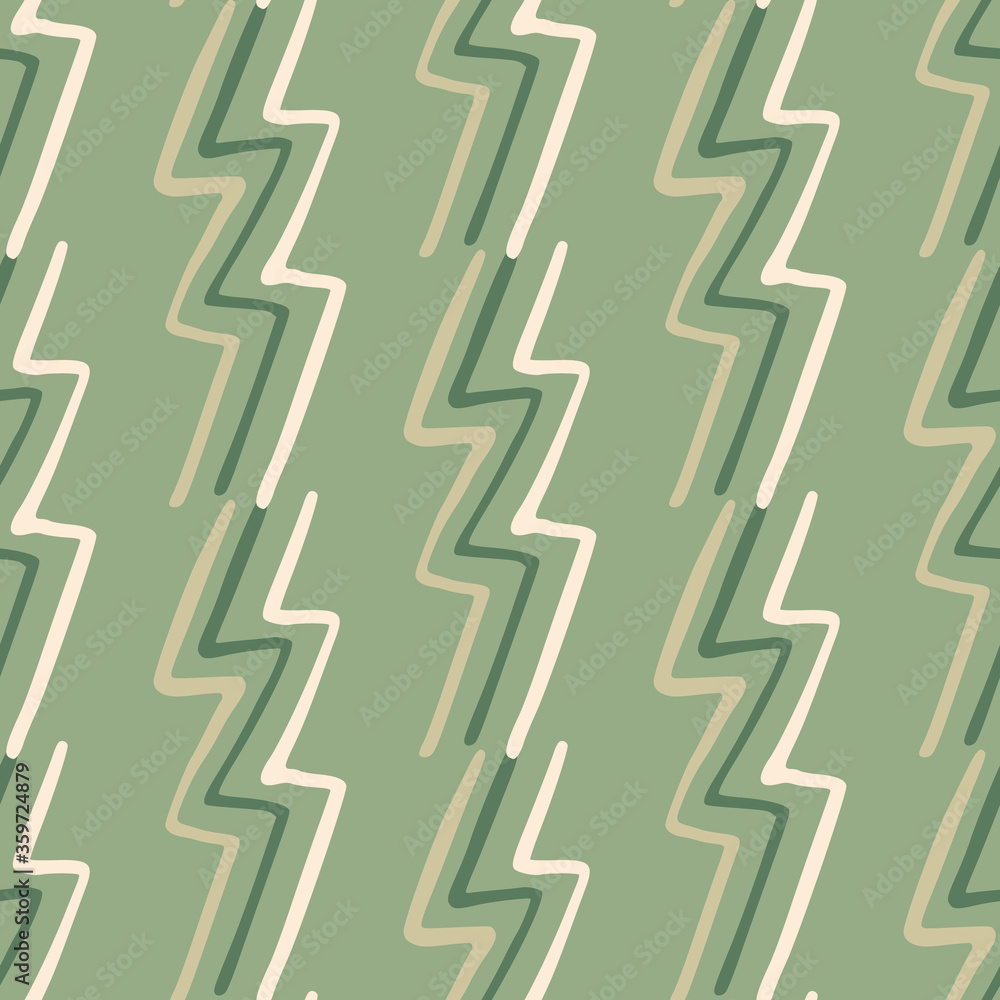 lightning doodle pattern on green background. Modern zigzag line art wallpaper.