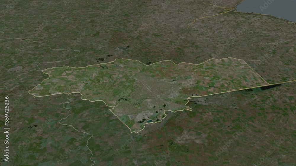 Peterborough, unitary authority with its capital, zoomed and extruded on the satellite map of England in the conformal Stereographic projection. Animation 3D Peterborough, unitary authority with its capital, zoomed and extruded on the satellite map of England in the conformal Stereographic projection. Animation 3D