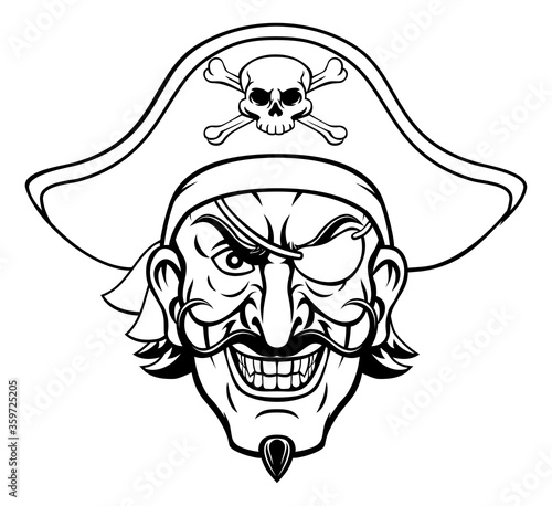A pirate cartoon character captain mascot face with skull and crossed bones on his tricorne hat