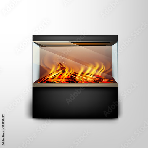modern electronic fireplace aquarium with a blazing fire for interior design in hitech style