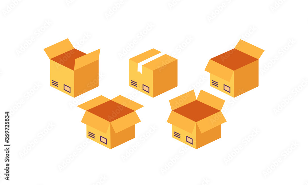 Fototapeta premium Open carton box icon set. Delivery and packaging. Transportation, shipping. Vector on isolated white background. Eps 10.