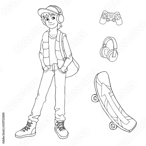 Teenager boy wearing a cap and a puffer vest standing with his bag and headphones. Set of teenage things (gadgets, skateboard). White and black vector illustration for coloring book.