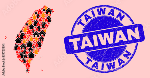 Flame and buildings collage Taiwan map and Taiwan corroded stamp print. Vector collage Taiwan map is organized from scattered burning villages. Taiwan map collage is created for revolt illustrations. photo