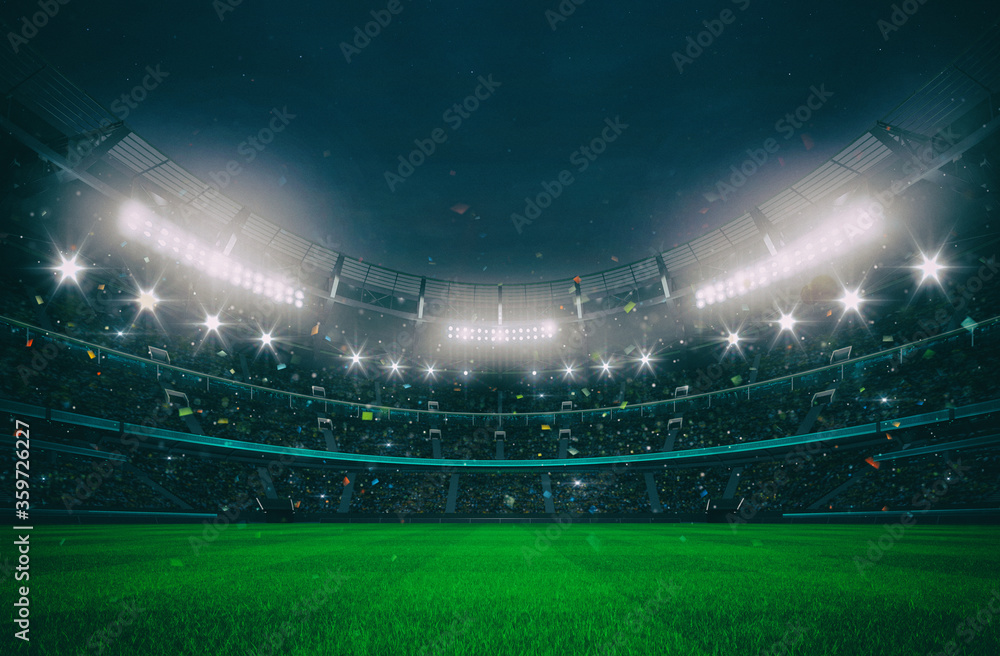 Grand stadium full of spectators expecting an evening match on the green grass field. Sport building 3D professional background illustration.