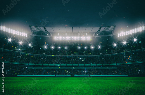 Grand stadium full of spectators expecting an evening match on the grass field. Sport building 3D professional background illustration.