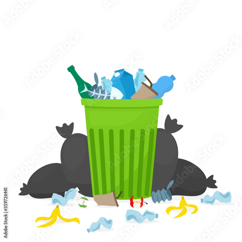 Overflowing garbage bin. Clipart image isolated on white background
