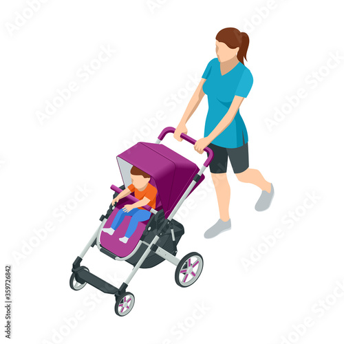 Isometric baby carriage isolated on a white background. Kids transport. Strollers for baby boys or baby girls. Woman with baby stroller walks. Theme of motherhood and fatherhood