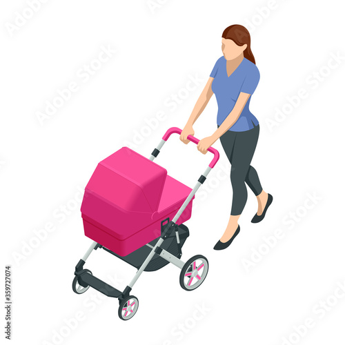 Isometric baby carriage isolated on a white background. Kids transport. Strollers for baby boys or baby girls. Woman with baby stroller walks. Theme of motherhood and fatherhood