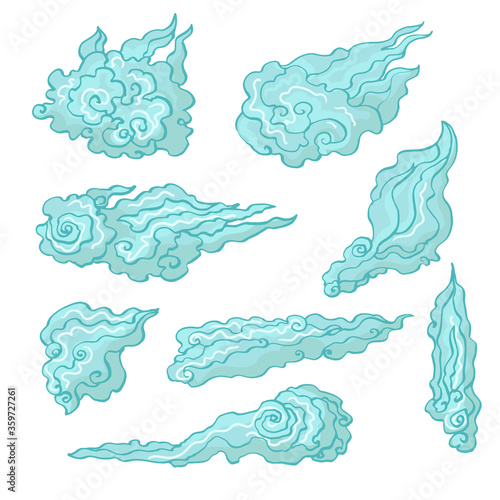 Realistic detailed hand drawn illustration set of curly clouds in old ukiyo-e paintings style. Graphic tattoo art on nature theme. Textile, clothes, fabric, paper print.