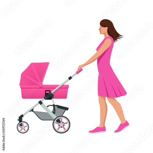 Baby carriage isolated on a white background. Kids transport. Strollers for baby boys or baby girls. Woman with baby stroller walks. Theme of motherhood and fatherhood