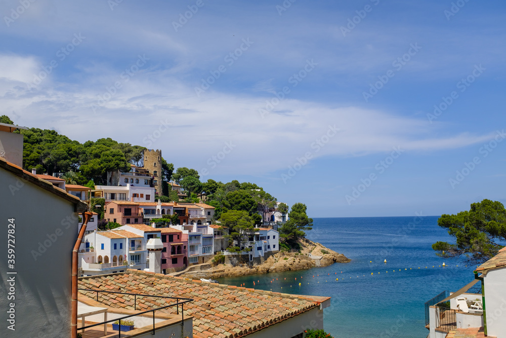 Mediterranean Costa Brava coastal village in Begur, Catalonia. Blue sea landscape on a summer sunny day with small houses