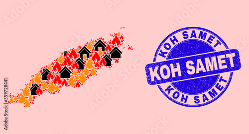 Fire disaster and houses collage Tobago Island map and Koh Samet corroded stamp seal. Vector collage Tobago Island map is done with scattered burning houses.