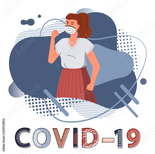 Brunette woman wearing face medical mask show fight gesture, fighting against spreading covid-19. Blue abstract vector elements at the background. Stop world epidemy. Cartoon character in flat style